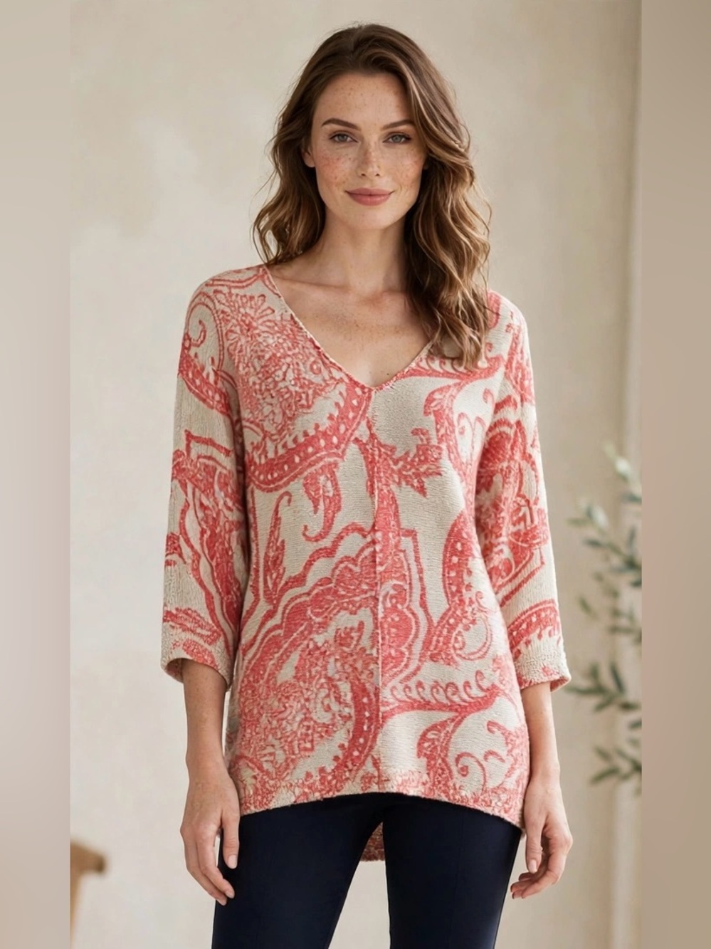 Chico's Coral Beige Paisley V-Neck Sweater Size 1 Medium⁠